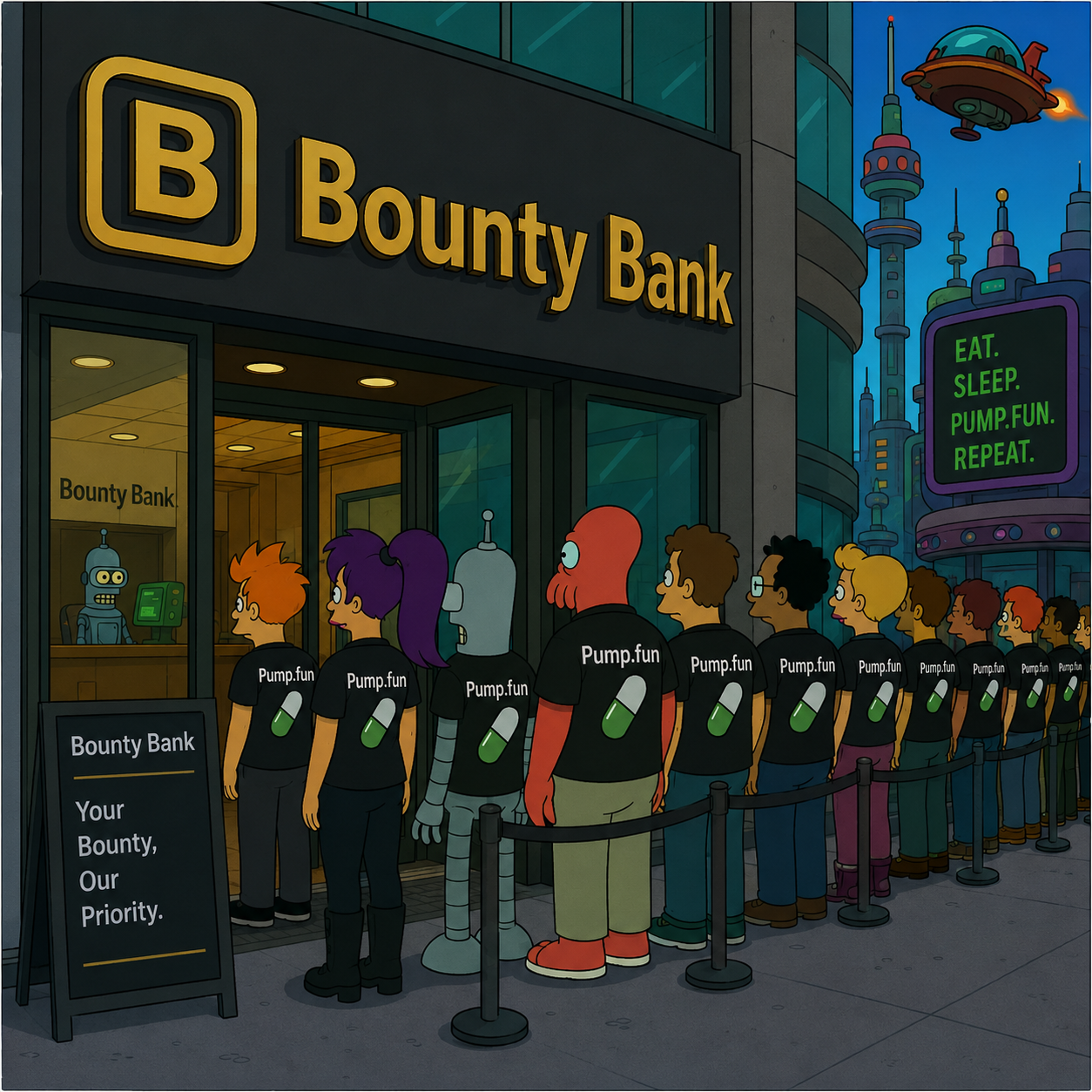 Bounty Bank — a line of Pump.fun fans waiting outside the Bounty Bank branch